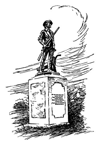 Statue of a minute man an obelisk monument, in Concord; in which living history programs are conducted from May through October, vintage line drawing or engraving illustration.